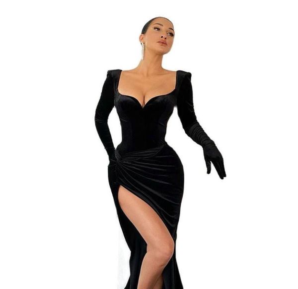 

casual dresses baldauren fall winter black velvet split gloves sleeve fashion gown club party midi dress for women clothing4873533, Black;gray