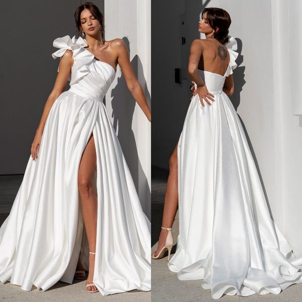 

a line wedding dresses for bride ruffle one shoulder satin wedding dress slit backless designer bridal gowns sweep train, White