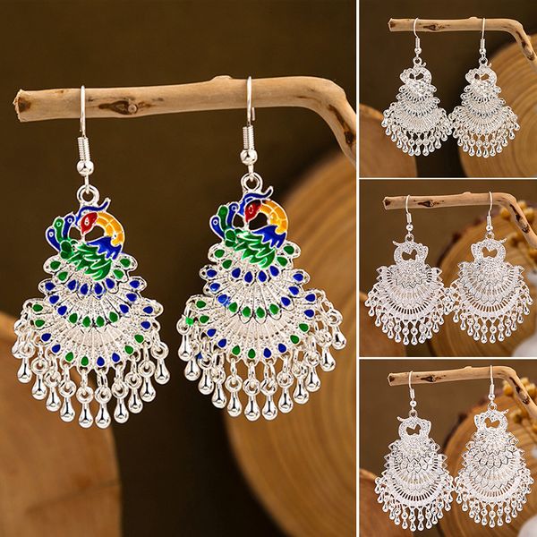 

stud boho peacock earrings for women ethnic vintage geometric metal animal drop hook long jewelry fashion gift 230710, Golden;silver