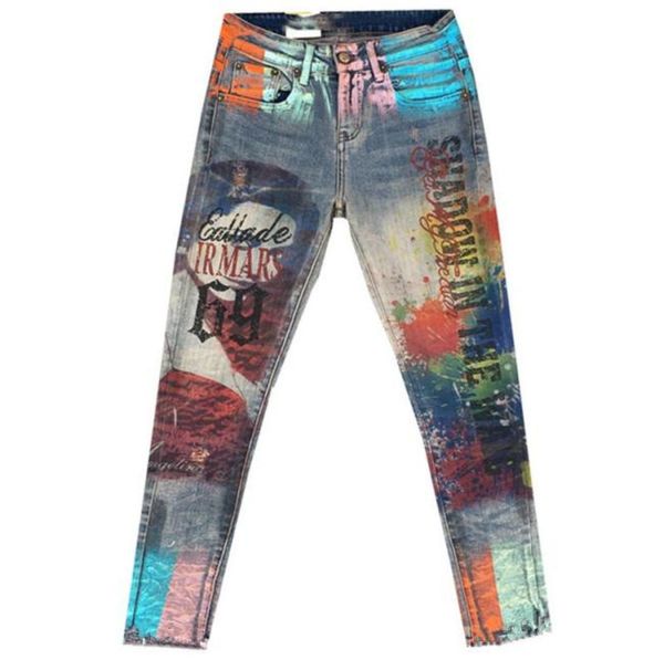 

casual denim skinny pant femme pencil jeans trousers bronzing painted pattern jeans denim trousers y190429014756693, Blue