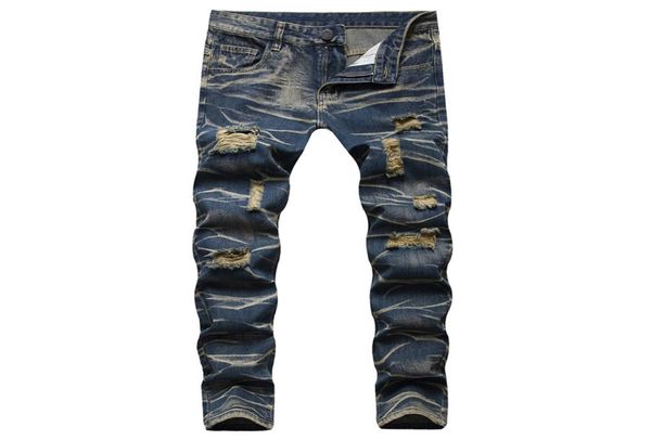 

men ripped slim fit jeans hole destroyed skinny straight leg washed frayed motocycle denim pants hip hop stretch biker men039s 1259372, Blue