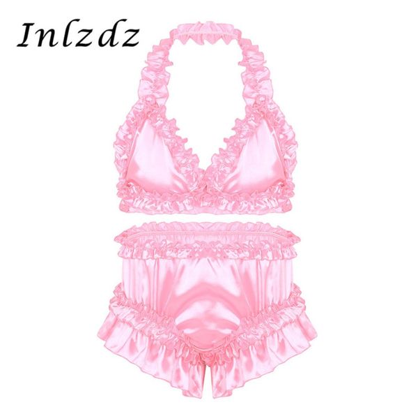 

mens sissy crossdresser lingerie suit satin frilly ruffled lingerie set bra with knickers bloomers briefs gay underwear set6534706, Red;black