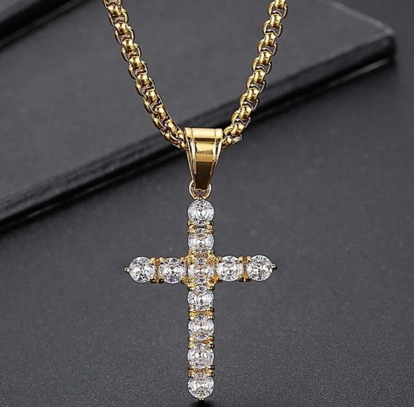 

chains luxury gold plated stainless steel amp cz cross pendant necklace for men women with 60cm box chain men39s party choker6831888, Silver