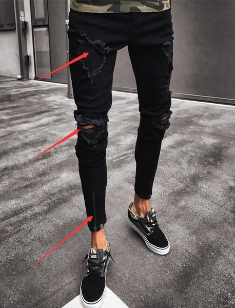 

men hole jeans black stretch ripped retro black washed casual denim distressed vintage fake zippers 714295, Blue