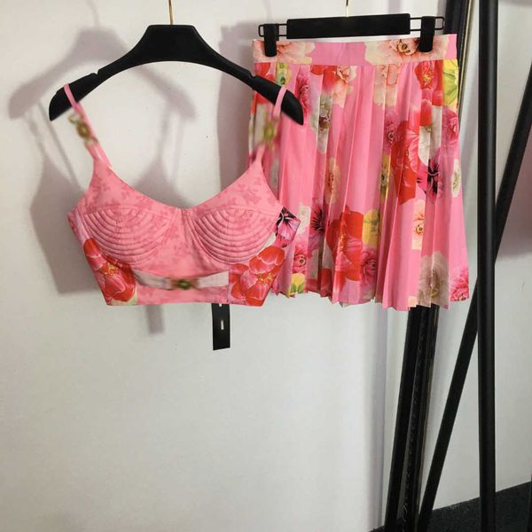 

23ss skirt set womens designer clothing spring summer new metal button bra strap floral print high waist pleated set skirt women clothes, White