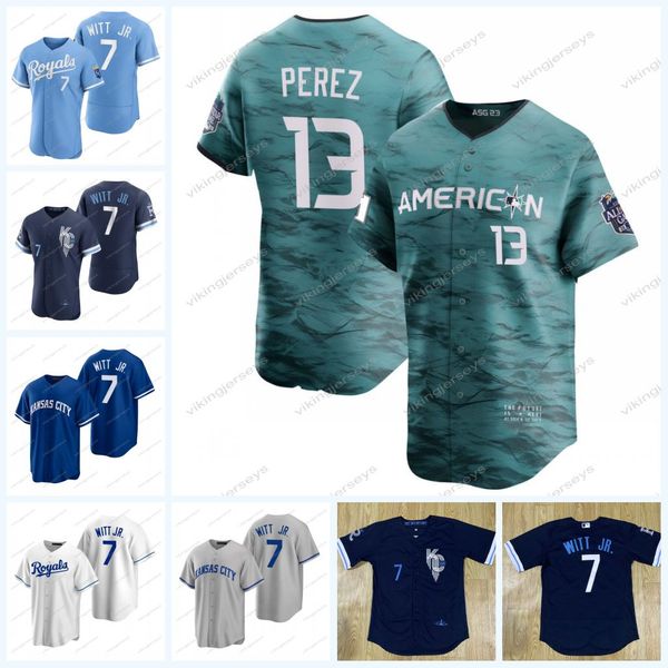 

royals 2023 all star jersey salvador perez bobby witt jr. matt duffy nick pratto michael massey maikel garcia carlos hernandez freddy fermin, Blue;black