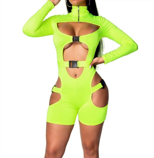 

women bodycon buckle cut out biker romper long sleeves hollowing out clubwear bodysuit short jumpsuit pants t2007045496323, Black;white