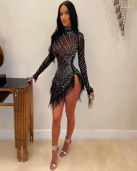 

tassel feather dimoand sheer mesh party dress pearls women glam night sparkle rhine fringed birthday outfits6778188, Black;gray