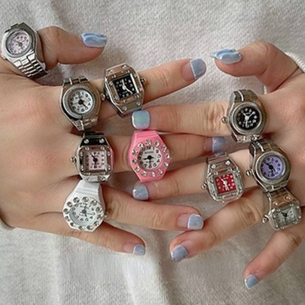 

wedding rings mini finger watch neutral elastic strap alloy watche couple jewelry clock retro roman quartz ring punk vintage 230710, Slivery;golden