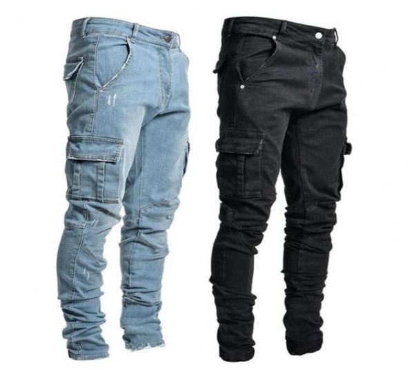 

men039s jeans summer men solid color multi pockets denim mid waist stretchy skinny plus size fahsion trousers daily wear53264087276023, Blue