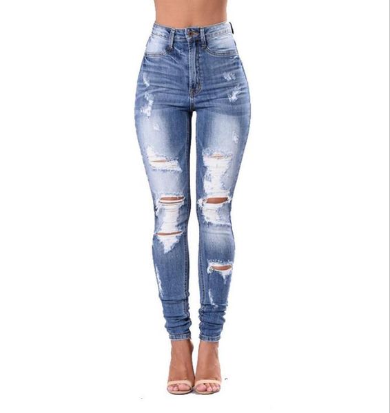 

2021 europe and the united states ripped feet rotten jeans tide stretch tight skinny beggar pants women3025960, Blue