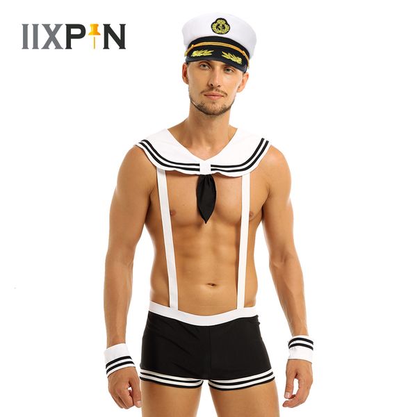 

set men sailor costume erotic slim fit white seaman captain uniform carnival festival halloween male costumes 230710, Red;black