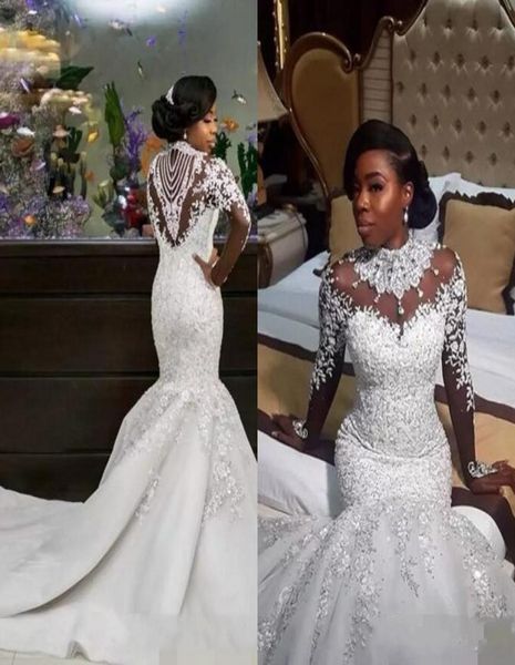 

new african plus size mermaid wedding dresses high neck lace appliques beads crystal illusion long sleeves court train br2760436, White
