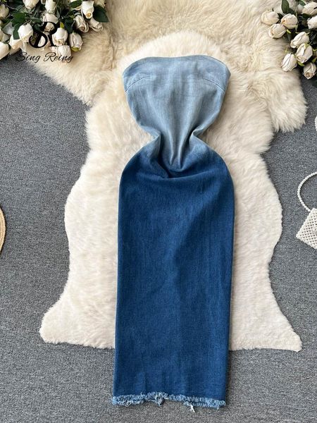 

pants singreiny summer gradient strapless denim dress women sleeveless bodycon jeans sundress fashion split backless long dress, White