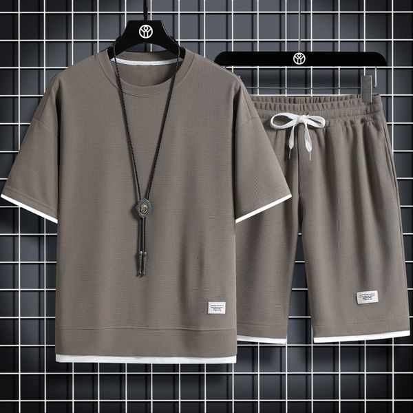 

men's tracksuits summer men's two-piece men's casual t-shirtshorts suit men's sportswear fashion short sleeved track sui, Gray