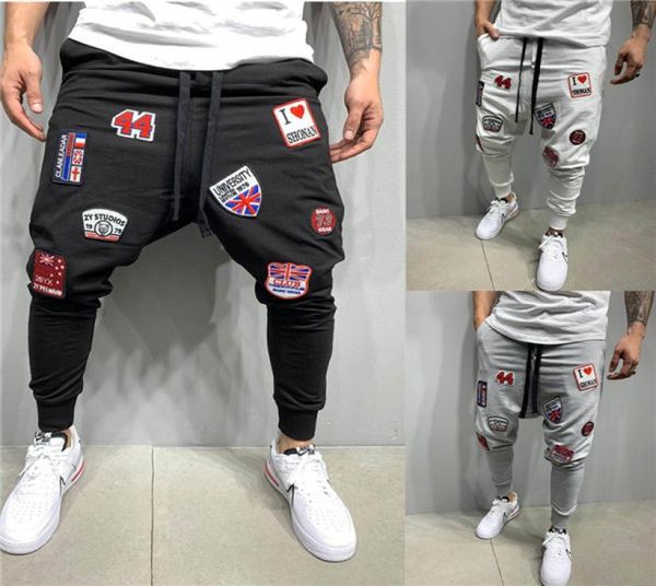 

casual pencil pant flag print skinny embroidery hip hop trousers mens black male fashion nightclub sports street wear4572061, Blue