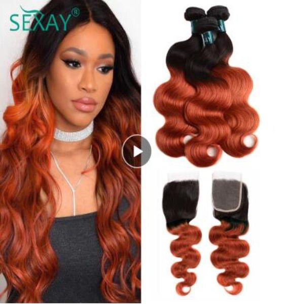 

ombre body wave hair bundles with lace closure 1b350 two tone golden blonde unprocessed brazilian body wave human hair weave5537250, Black;brown