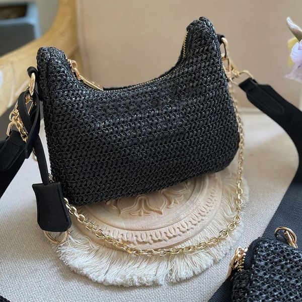 

2 pieces set handbag crossbody shoulder bags luxury designer handbags fashion designer women chain straw bag with coin wallet, Black;red