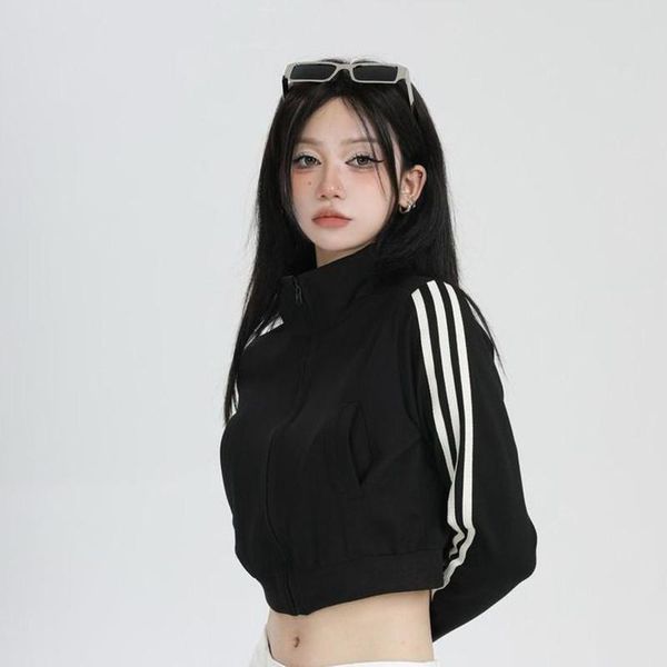 

pants stsvzorr short stand collar longsleeved sweater women's spring and autumn hoodie retro y2k design cardigan jacket, Black