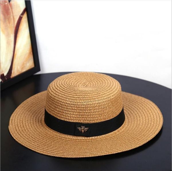 

luxe Brim Wide Sun Hats pork fitted Straw Designers Small Bee hat European And American Gold Braided Female Loose Sunscreen Sunshade Flat C, Red