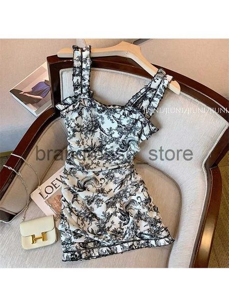 

basic casual dresses women spaghetti strap dress summer sweet ruched ruffles a-line lady dress floral print vestidos french retro mini dress, Black;gray
