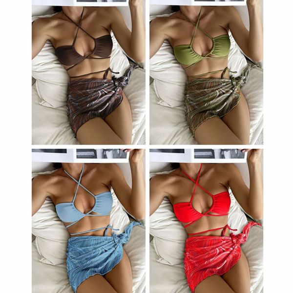 

europe and the united states new gathering drawstring binding swimsuit printed short skirt mesh three-piece cross-border bikini, White;black