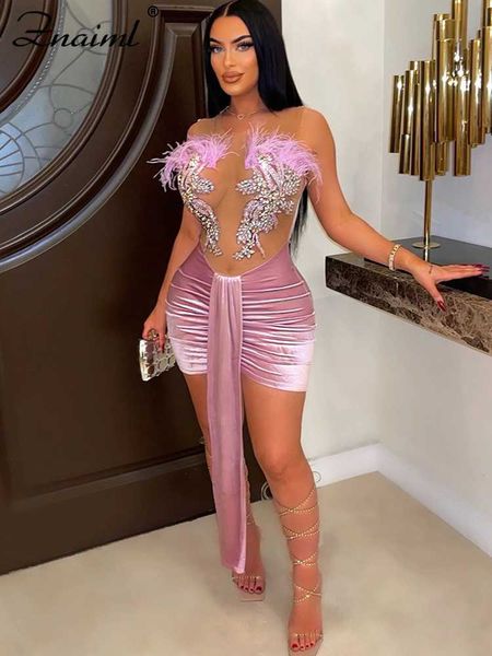 

urban dresses znaiml night party evening ruched patchwork velvet bodycon mini dress women embroidery feathers mesh see-through birthday robe, White;black