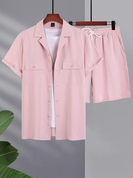 

men s tracksuits men 1pc flap pocket shirt drawstring waist shorts 230711, Gray