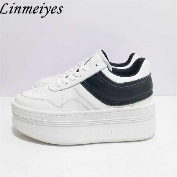 

dress shoes genuine leather sneaker lace up white female thick sole height increasing casual platform woman 230710, Black