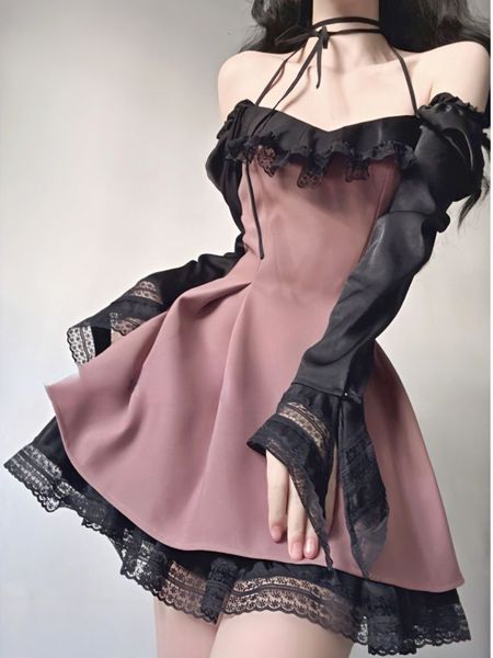 

basic casual dresses summer lace vintage dres backless korean fashion party dress female strappy patchwork designer retro 2023 230710, Black;gray