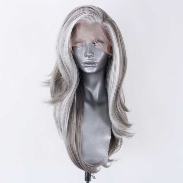 

nxy synthetic lace front wig highlight white/gray lace wigs for women natural wave wig grey cosplay wigs heat resistant fiber 230524, Black;brown