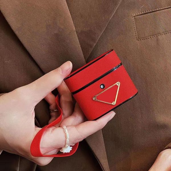 Luxury Leather Wristband Designer Earphone Accessories for Apple AirPods 1 2 3 4 Pro TWS Earbuds Wireless Bluetooth Headphone PU Case Wrist Strap Lanyard Cover Red