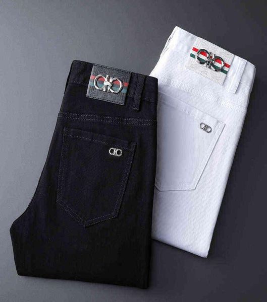 

men039s clothing chino pants cotton jeans trousers brand embroidered thin straight closefitting pants denim3663913, Blue