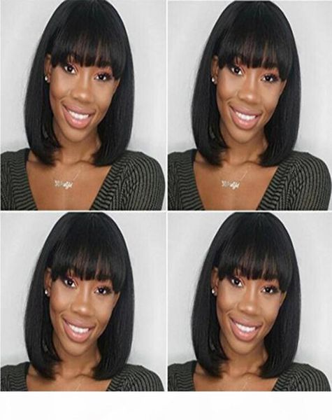 

intalian yaki short bob human hair wig for afro american woman gluless full lace human hair short straight wig with full bangs per8952282, Black;brown