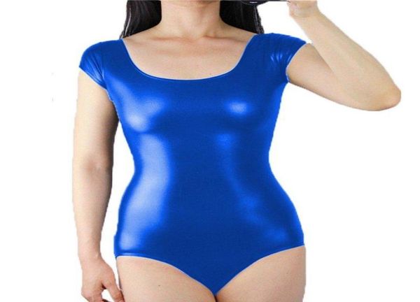 

plus size one piece bodycon bodysuit women short sleeve scoop neck body shiny metallic leotard basic skinny rompers wome1303087, Black;white
