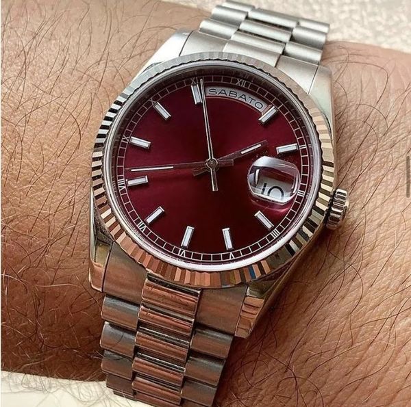 

sales priority men's watch cherry red dial magnifying glass's calendar week date luxury version v3 series automatic mechanical sap, Slivery;brown