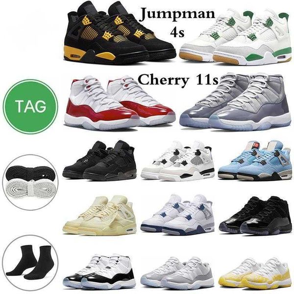 

4 with box 11 basketball shoes military black cat 4s cherry 11s pine green thunder sail university blue cement grey cap and gown mens traine