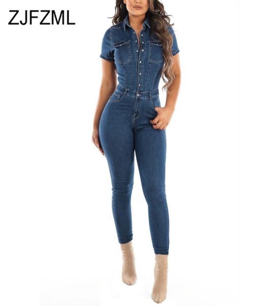 

high waist summer bodycon jumpsuit for women 2021 turn down collar sinebreasted denim romper short sleeve tight overall7547319, Black;white