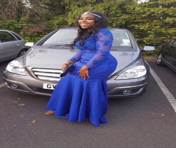 

royal blue elegant long sleeves prom gowns applique lace zipper back vestidos de novia jewel neck mermaid dresses evening wear4859693, Black