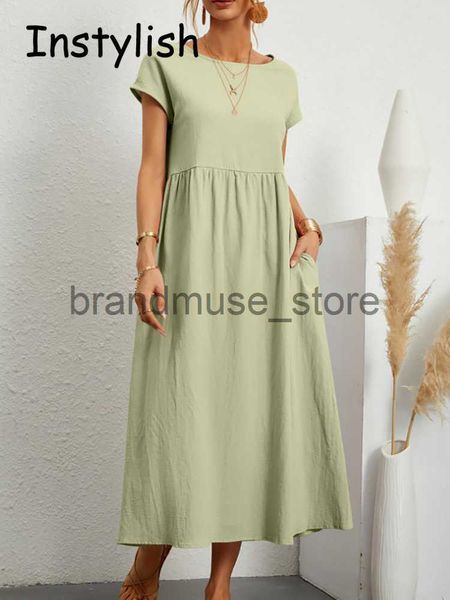 

basic casual dresses women elegant solid maxi dress summer short sleeve o neck vintage harajuku cotton linen loose sundress y2k pockets long, Black;gray