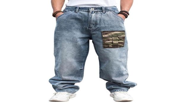 

large size loose straight jeans men denim pants baggy camouflage patch hip hop skateboard light blue wide leg trousers men039s50134667924