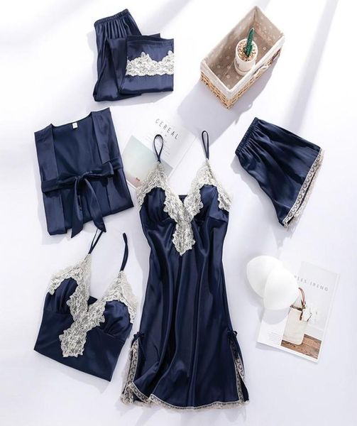 

women039s sleepwear women robe sets satin kimono bathrobe gown sleep suit bridal wedding gift lace nightwear home intimate1656558, Black;red