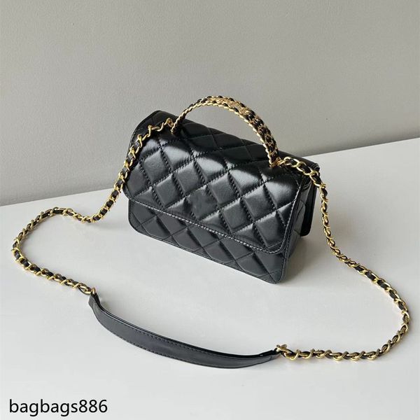 

luxury channel handle shoulder bag women's handheld flip panel bag colorful hollow handle oil wax cowhide flip panel cc bag black gold