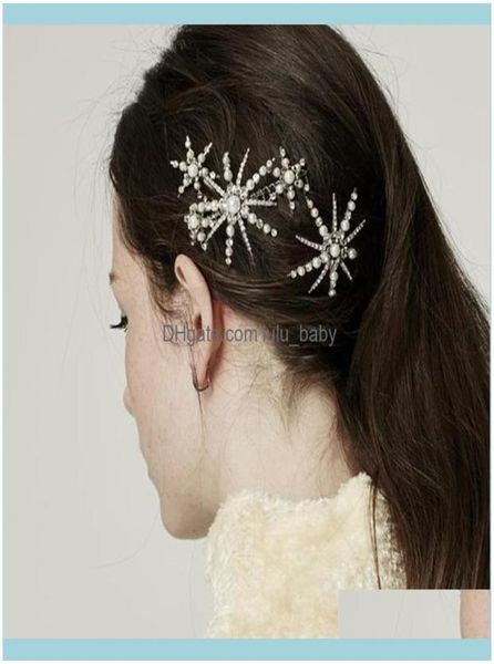 

headbands jewelrystonefans luxury star crystal pearl pin barrettes grip for women rhinestone clips wedding hair jewelry aessories 2280666, Silver