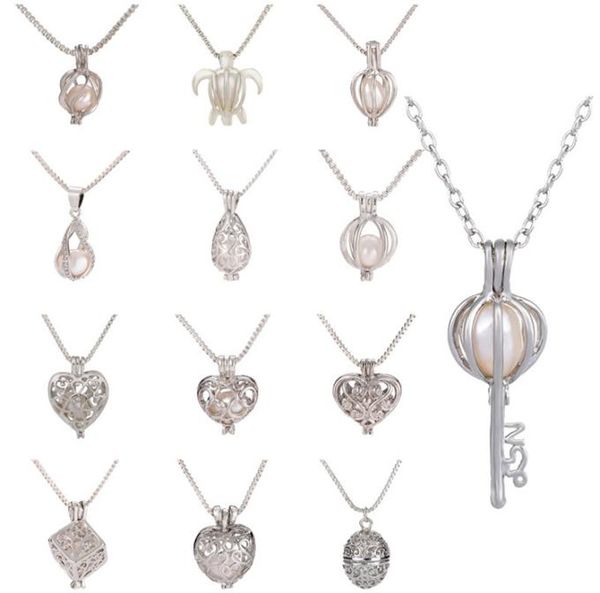 

pearl cage love wish locket pendant necklace artificial natural pearl with oyster pearl mixed hollow clavicle chain necklace t6c058284390, Silver