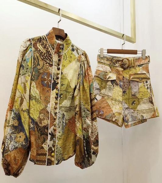 

2020 spring and summer new style retro palace style linen printed shirt waist short fashion suit women3729568, Black