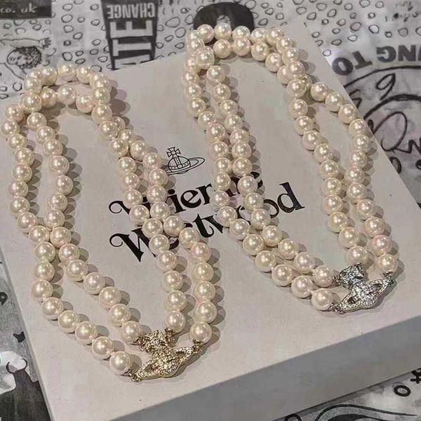 

western empress dowager's double layer necklace vivian saturn pearl magnetic buckle set with diamond high edition jewelry, Silver