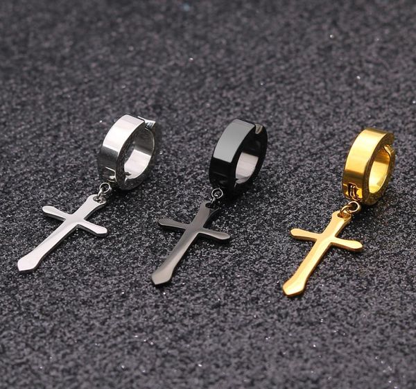 

1 pcs stainless steel clip on non piercing earrings for women men black gold color cross gothic punk rock drop pendiente3849453, Golden