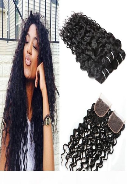

8a brazilian human hair bundles with lace closure 44 water wave peruvian hair deep wave loose wave virgin hair extensions d9837885, Black