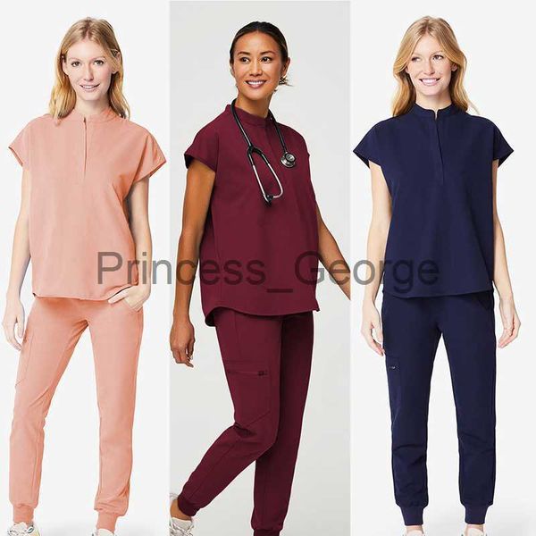 

others apparel solid color uniform nurse workwear scrubs set pant women summer elastic quick drying hospital doctor working suits x0711, Black;white